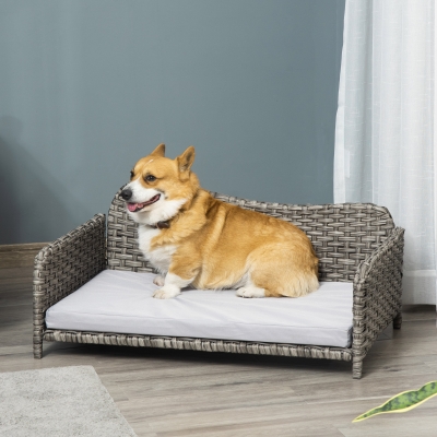 PawHut Rattan Pet Sofa, Raised Wicker Dog Bed, Cat Couch, with Soft Washable Cushion Indoor & Outdoor for Small & Medium Dog, Light Grey
