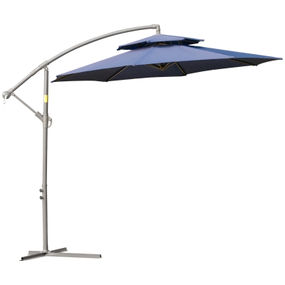 Outsunny 9FT Garden Banana Parasol Cantilever Umbrella with Crank Handle, Double Tier Canopy and Cross Base for Outdoor, Hanging Sun Shade, Dark Blue