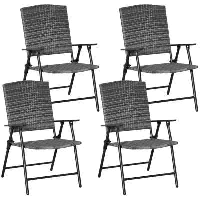 Outsunny Folding Patio Chair Set of 4, Rattan Folding Chairs with Armrest, Steel Frame for Outdoors, Camping, Mixed Grey