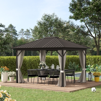 Outsunny 10' x 12' Outdoor Hardtop Gazebo Metal Roof Patio Gazebo with Aluminum Frame, Mesh Nettings, Curtains and Roomy Interior Space, Beige