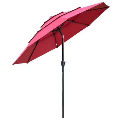 Outsunny 9FT 3 Tier Patio Umbrella Outdoor Market Umbrella with Crank, Push Button Tilt, Wine Red