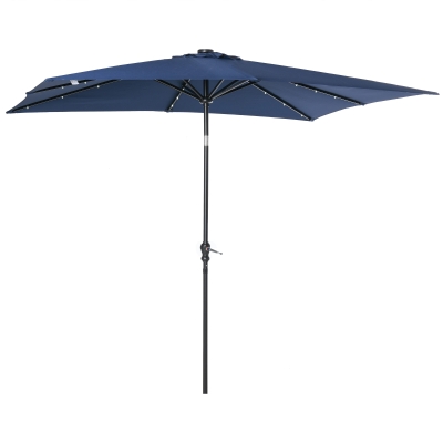 Outsunny 9' x 7' Patio Umbrella Outdoor Table Market Umbrella with Crank, Solar LED Lights, 45° Tilt, Push-Button Operation, for Deck, Backyard, Pool and Lawn, Blue