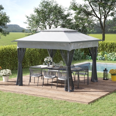 Outsunny 11' x 11' Pop Up Gazebo Canopy with 2-Tier Soft Top, Removable Zipper Netting, Event Tent with Large Space Shade, Portable Travel, Storage Bag for Patio, Backyard, Garden, Grey