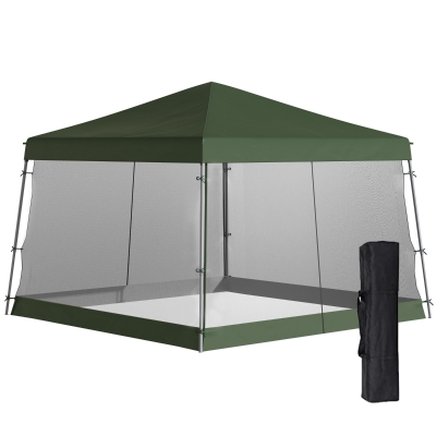Outsunny 12' x 12' Pop Up Gazebo, Foldable Canopy Tent with Carrying Bag, Mesh Sidewalls and 3-Level Adjustable Height for Outdoor, Garden, Patio, Party, Green