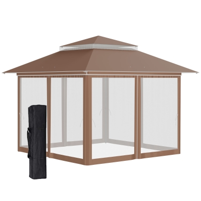 Outsunny 12' x 12' Heavy Duty Pop Up Canopy with Center Lift Hook Design, Mesh Sidewall Netting, 3-Level Adjustable Height and Storage Bag, Beige