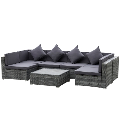 Outsunny 7-Piece Outdoor Wicker Sofa Set, PE Rattan Sectional Furniture Patio Couch w/ Acacia Top Coffee Table & Cushion, Grey