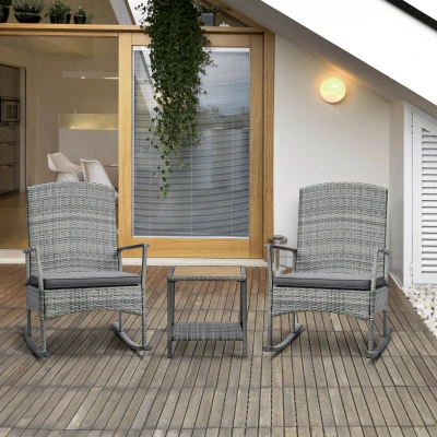Outsunny 3-Piece Outdoor Rattan Rocking Chair Set, Gray
