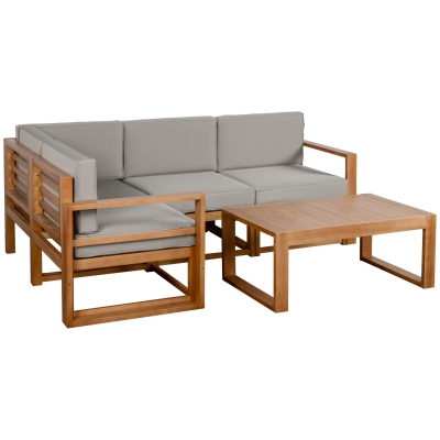 Outsunny 5 Seat L-Shaped Patio Furniture Set, Wood Outdoor Sectional Sofa Conversation Set with Coffee Table and Cushions, Grey