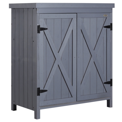 Outsunny Garden Storage Cabinet, Outdoor Tool Shed with Galvanized Top and Two Shelves for Yard Tools or Pool Accessories, Grey