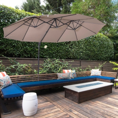 Outsunny Outdoor Patio Umbrella with Twin Canopy Sunshade Umbrella with Lift Crank, Brown