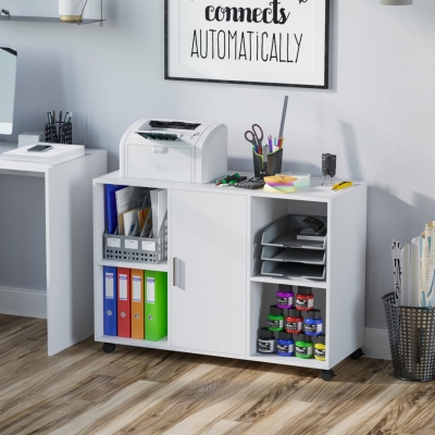 Vinsetto Mobile Office File Cabinet with Door Storage Shelves Printer Stand Unit With 360 Degree Casters White