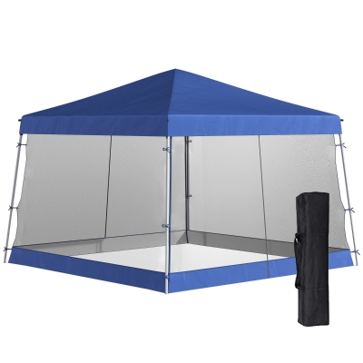 Outsunny 12' x 12' Pop Up Gazebo, Foldable Canopy Tent with Carrying Bag, Mesh Sidewalls and 3-Level Adjustable Height, Blue