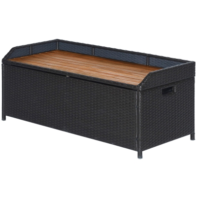 Outsunny Outdoor Storage Bench Wicker Deck Boxes with Wooden Seat, Gas Spring, Rattan Container Bin with Lip, Ideal for Storing Tools, Accessories and Toys, Coffee