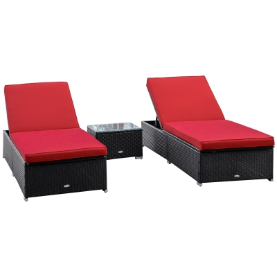 Outsunny Outdoor Lounge Chairs Set of 2 with 5-Level Angles Adjust Backrest, Thick Cushions, & Matching Table, Patio Rattan Furniture Sets for Pool Side, Balcony, Beach, Yard, Red
