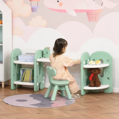 Qaba Kids Table & Chair Set, Activity Desk with Storage, Green/White