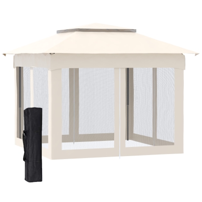 Outsunny 11' x 11' Pop Up Gazebo Outdoor Canopy Shelter with 2-Tier Soft Top, and Removable Zipper Netting, Event Tent with Large Shade, and Storage Bag, Beige