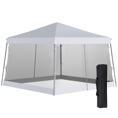 Outsunny 12' x 12' Pop Up Gazebo, Foldable Canopy Tent with Carrying Bag, Mesh Sidewalls and 3-Level Adjustable Height for Outdoor, Garden, Patio, Party, White