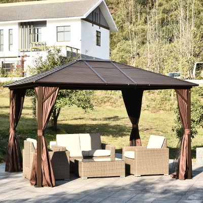 Outsunny 12x10ft Deluxe Steel Hardtop Patio Gazebo Garden Sun Shelter Aluminum Frame Heavy Duty Outdoor Pavilion with Curtains and Netting