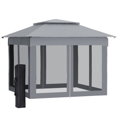 Outsunny 11' x 11' Pop Up Gazebo Outdoor Canopy Shelter with 2-Tier Soft Top, and Removable Zipper Netting, Event Tent with Large Shade, and Storage Bag, Grey