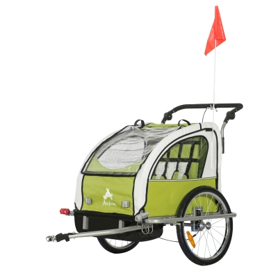 Aosom Elite 360 Swivel Double Child Two-Wheel Bicycle Cargo Trailer With 2 Harnesses, Green