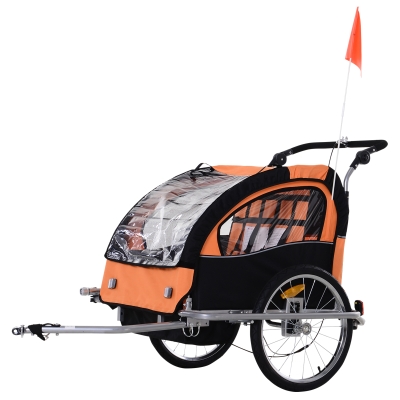 Aosom 2-Seat Kids Bicycle Trailer 55lbs Steel w/ Water Resistant Carrier Windows - Black and Orange