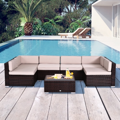 Outsunny 7pcs Outdoor Wicker Sofa Set Patio Furniture All Weather Rattan Conversation Lounge Chair with Coffee Table Garden Couch Seat w/ Cushion Brown Khaki