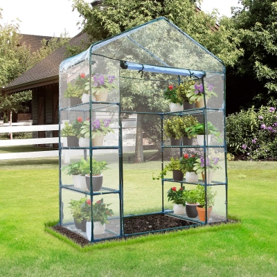 Outsunny 56" x 29" x 77" Portable Walk-in Greenhouse Garden Flower Plant Growing Warm House with 4 Tier Shelves and Roll Up Zippered Door, Transparent