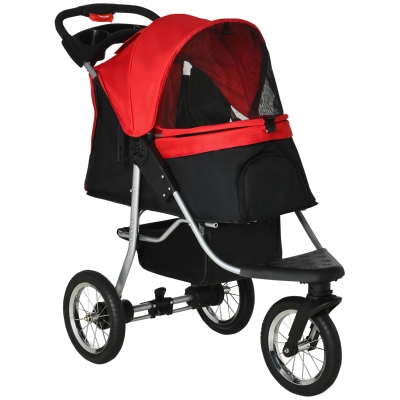 PawHut Luxury Folding Pet Stroller Dog/Cat Travel Carriage with Adjustable Canopy & a Zippered Mesh Window Door - Red