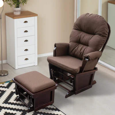 HOMCOM Nursery Glider Rocking Chair with Ottoman, Wood Base, Brown