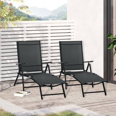 Outsunny Outdoor Set of 2 Lounge Chair, Folding Reclining Garden Sun Lounger with Metal Frame, Adjustable Backrest for Patio, Deck, and Poolside, Black