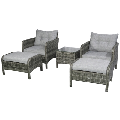 Outsunny 5 Pieces Rattan Wicker Lounge Chair Outdoor Patio Conversation Set with 2 Cushioned Chairs, 2 Ottomans & Tempered Glass Top Coffee Table, Grey