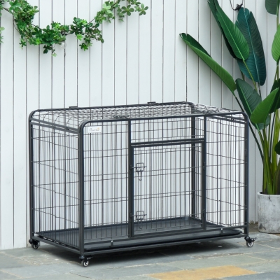 PawHut Folding Design Heavy Duty Metal Dog Cage Crate & Kennel with Removable Tray and Cover, & 4 Locking Wheels, Indoor/Outdoor 37" x 22.75" x 27.25"
