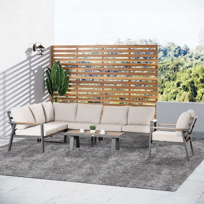 Outsunny 6-Piece L-shaped Patio Furniture Set for 7, Aluminium Conversation Set Sectional Corner Sofa Set with Widened Seat, Coffee Table & Thick Cushions, Cream White