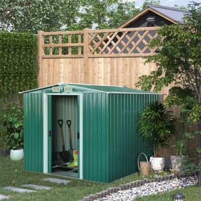 Outsunny 8.5' x 6.8' x 5.8' Practical Backyard Garden Storage Tool Shed Double Sliding Door 4 Ventilation Slots, Green