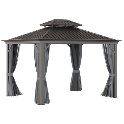 Outsunny 12' x 10' Hardtop Gazebo Galvanized Steel Canopy with Aluminum Frame Outdoor Double Vented Roof Pergola with Netting and Curtains for Patios, Gardens, Lawns, Charcoal Grey