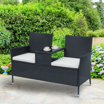Outsunny Outdoor Wicker Conversation Set, 2-Seater Loveseat, Black