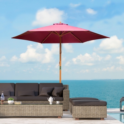 Outsunny ⌀9' x 8' H Market Outdoor Patio Wood Sun Umbrella Sunshade Garden Parasol, Wine Red