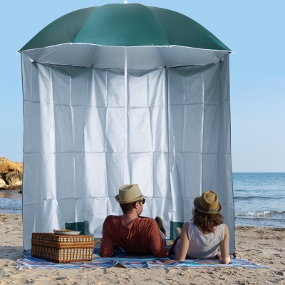 Outsunny Arc. 7ft Fishing Umbrella Beach Parasol with Sides Brolly Shelter Canopy Shade with Carry Bag Dark Green