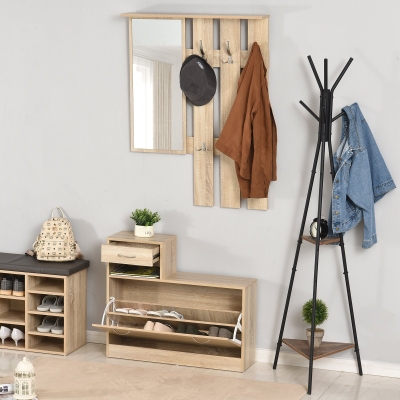 HOMCOM 3-in-1 Entryway Organizer Hallway Furniture 6 Hook Coat Rack Mirror Shoe Cabinet