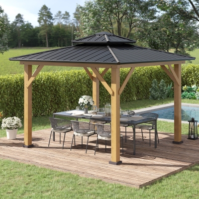 Outsunny 12' x 12' Wood Frame Hardtop Gazebo Galvanized Steel Canopy Outdoor Shelter with Double Vented Roof for Garden, Lawn, Poolside, Black
