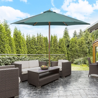 Outsunny ⌀9' x 8' H Market Outdoor Patio Wood Sun Umbrella Sunshade Garden Parasol, Green