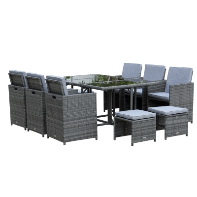 Outsunny 11 PCS Patio Dining Set Outdoor Rattan Wicker Furniture Set with Space Saving Chairs, Glass Top Table and Cushion, Mixed Grey