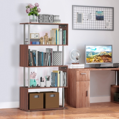 HOMCOM Wooden Bookcase S Shape Storage Display Unit 4 Shelf Home Décor Walnut