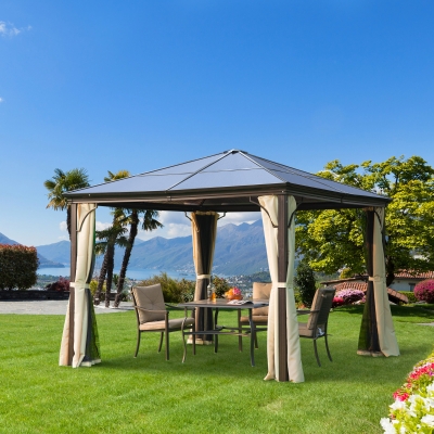 Outsunny 10 x 10 ft Deluxe Hard Top Waterproof Gazebo Canopy Heavy Duty Shelter with Curtains and Mosquito Netting