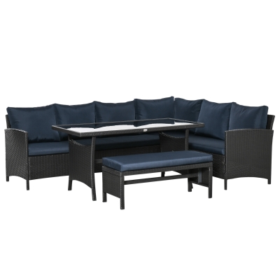 Outsunny 4 Pieces Patio Wicker Sofa Set, Outdoor PE Rattan Modern Furniture Set with Cushions & Dining Table, Bench for Garden, Backyard, Lawn, Dark Coffee