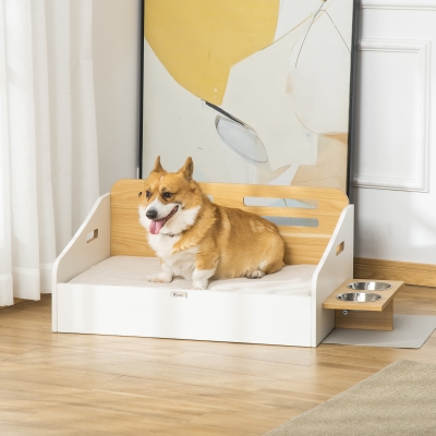 PawHut Modern Dog Bed Frame, Furniture Style Pet Sofa, Cat Couch, with Soft Cushion, Washable Cover, 2 Feeding Bowls, Handles, for Small and Medium Sized Dog