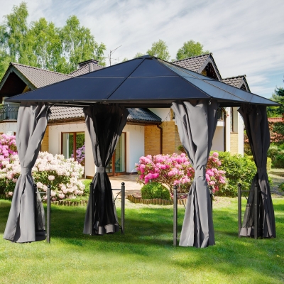 Outsunny 10' x 10' Patio Garden PC Board Aluminum Hardtop Gazebo Party Wedding Marquee Tent with Curtains and Netting - Black