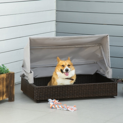 PawHut Wicker Dog House, Elevated Pet Sofa, Rattan Cat Bed, Indoor Outdoor Use, for Garden Patio with Foldable Roof, for Small or Medium-Sized Dogs, Coffee