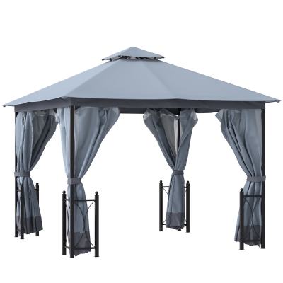 Outsunny 13' x 11' Patio Gazebo Canopy Garden Tent Sun Shade, Outdoor Shelter with 2 Tier Roof, Netting and Curtains, Steel Frame for Patio, Backyard, Garden, Grey