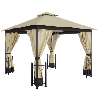 Outsunny 13' x 11' Patio Gazebo Canopy Garden Tent Sun Shade, Outdoor Shelter with 2 Tier Roof, Netting and Curtains, Steel Frame for Patio, Backyard, Garden, Beige